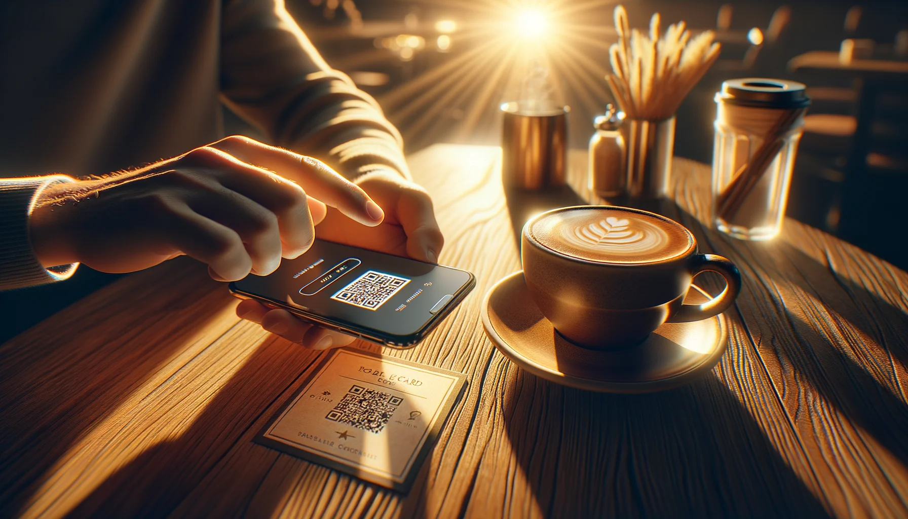 Ahşap kafe masasında QR taranan cappuccino